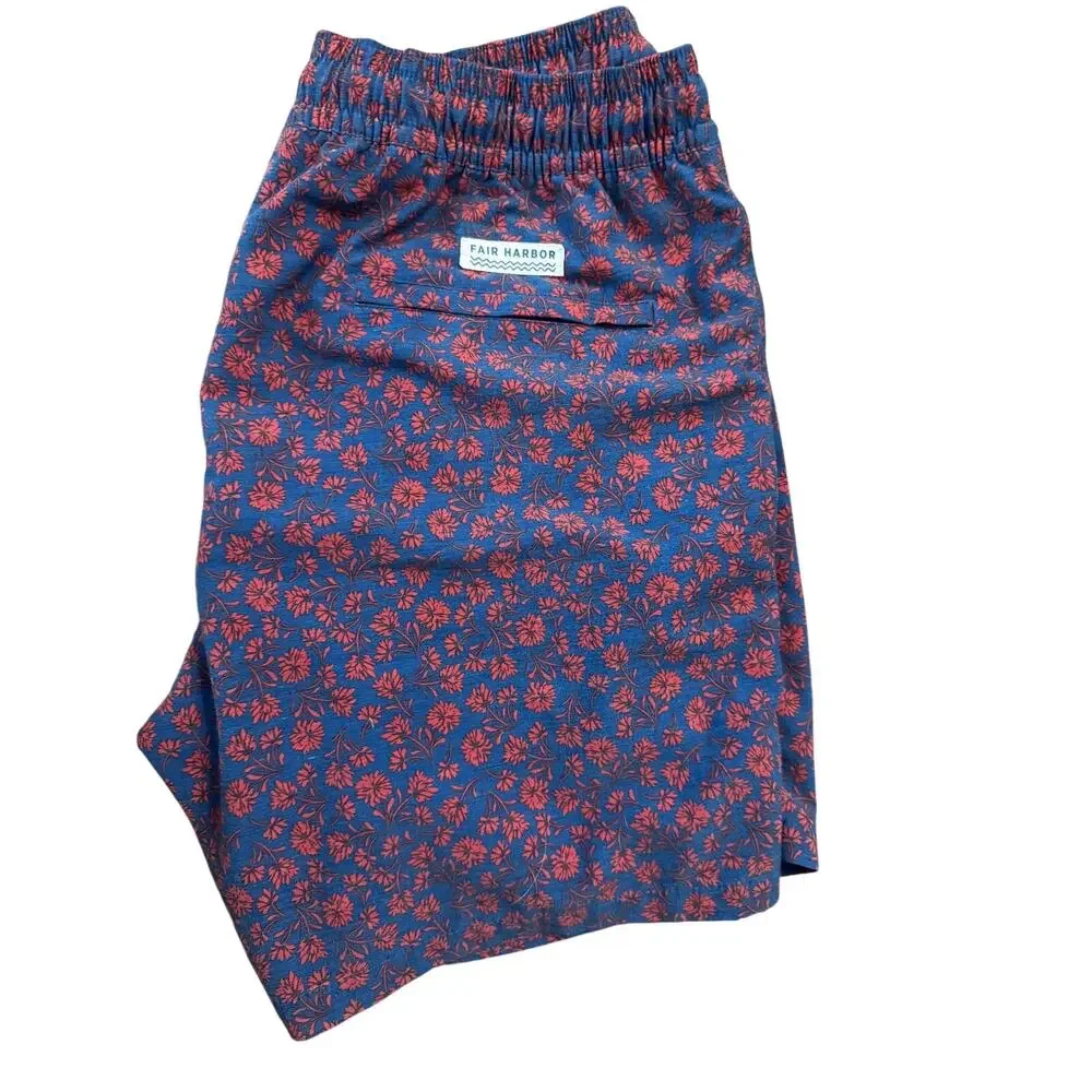 Fair Harbor Bayberry Swim Trunks Men's XL Navy Red Floral Print Recycled Nylon